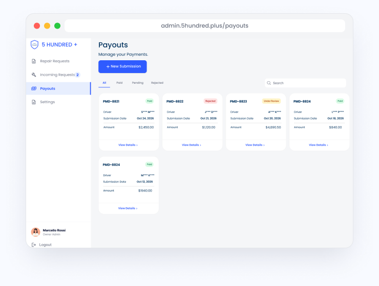 Admin Dashboard payouts view
